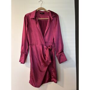 Aakaa Womens Wrap Dress Size Large Pink Long Sleeve Tie Waist Mini